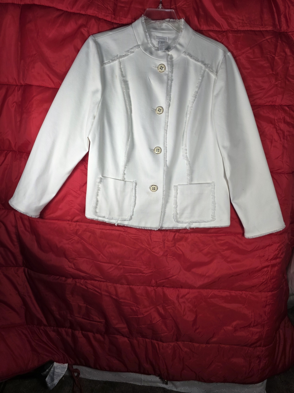 Chico's White Frayed-Trim Button Front Blazer